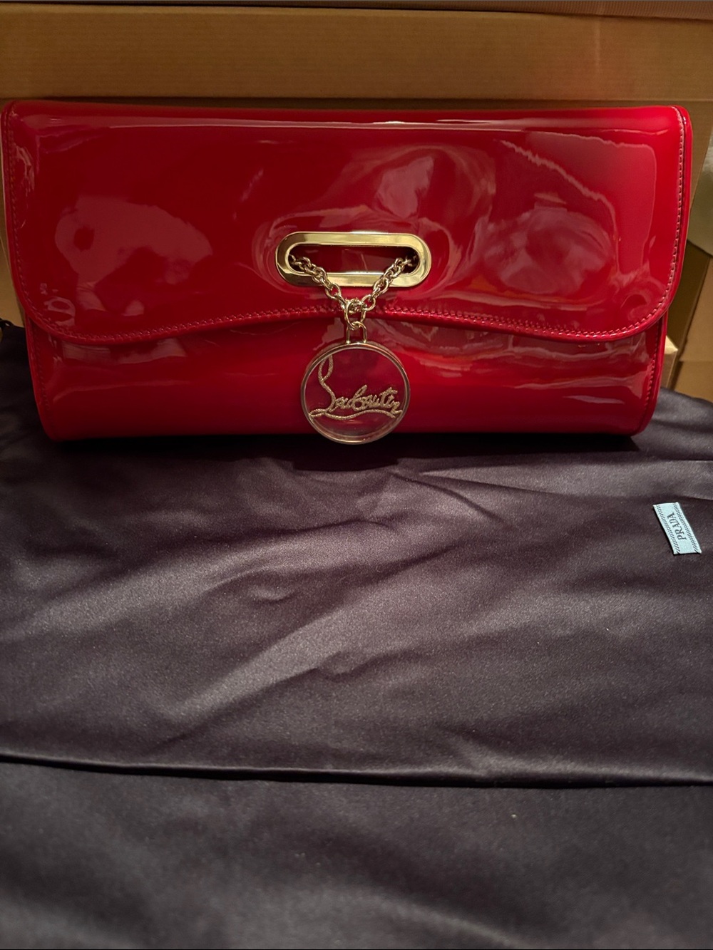 Christian Louboutin Red Patent Leather Envelope Clutch with Gold Logo Charm